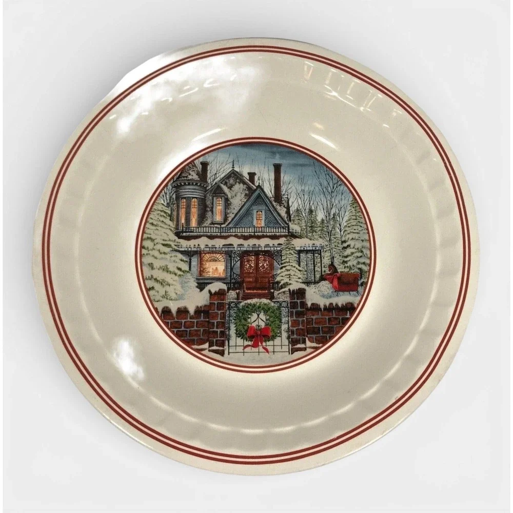 Watkins 1999 Cranilla Pecan Pie Plate Ceramic Winter Victorian House Sleigh 5901
